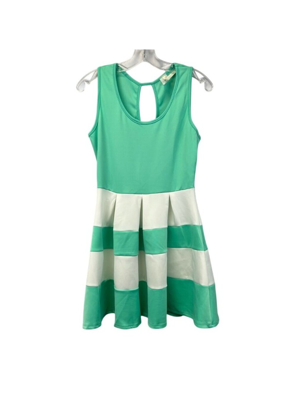 Brendas Womens Skater Dress Mint/White Stripe Pleated Sleeveless Medium